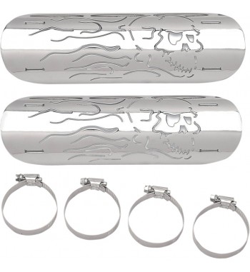 FLAMING SKULL CHROME HEAT SHIELDS  FOR MUFFLERS EXHAUSTS MOTORCYCLE