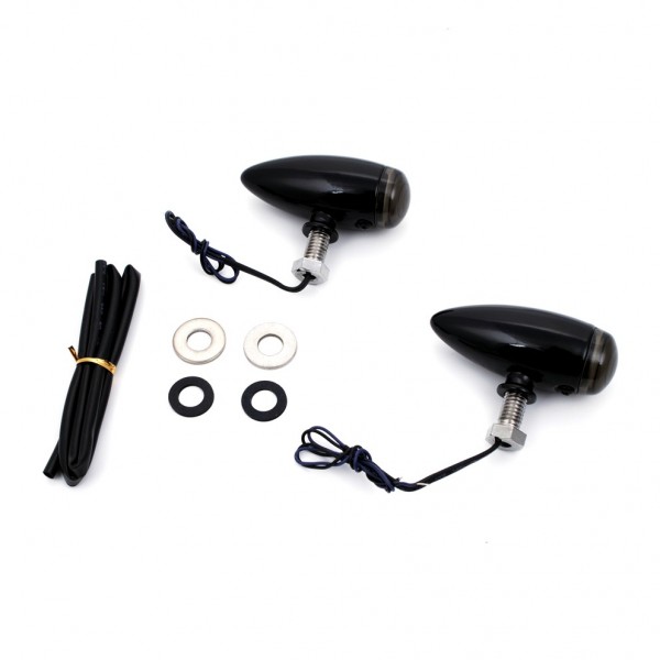 BLINKER MINI BULLET SCHWARZ MIT getönten Gläsern und LED ORANGE FÜR MOTORRAD