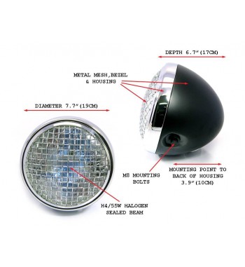 FARO FANALE ANTERIORE SCRAMBLER NERO/CROMATO C/GRIGLIA 7.7 " PER MOTO  E HARLEY DAVIDSON