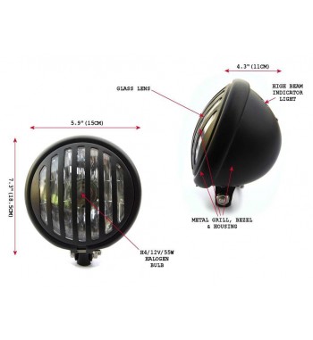 FARO FANALE ANTERIORE CAGE 5.75" 145 MM NERO OPACO PER MOTO CUSTOM E HARLEY DAVIDSON