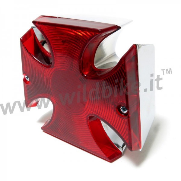 FEU ARRIERE METAL IMPRIMÉE CROIX MALTESE CHROME LED LENTILLE ROUGE MOTO CUSTOM ET HARLEY DAVIDSON