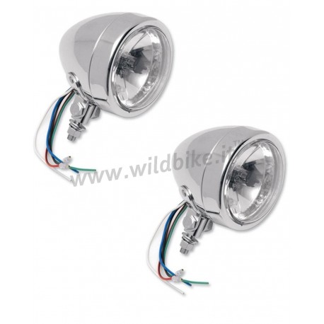 COPPIA DI FARI AUSILIARI TRE LUCI DA 110 MM OMOLOGATI CROMATI MOTO CUSTOM E HARLEY DAVIDSON