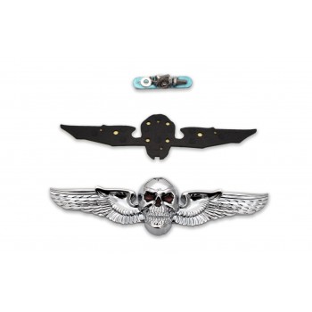 ORNAMENTO FREGIO TESCHIO FLYING SKULL  PER PORTATARGA MOTO CUSTOM E HARLEY