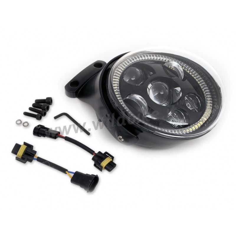 PHARES AVANT LED EU APPROUVÉ SUPERLIGHT ANGEL EYE NOIR AVEC SUPPORT POUR HARLEY DAVIDSON V-ROD