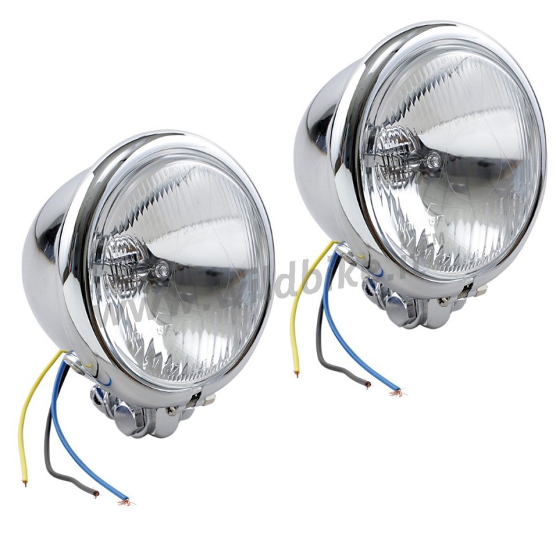 PHARES AUXILIAIRES KIT CHROME 4 1/2" 110 MM BLEU LUMIÈRE MOTOS CUSTOM ET HARLEY DAVIDSON