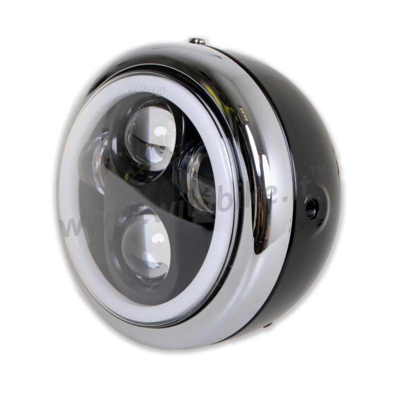 PHARE AVANT HOMOLOGUE LUCAS NOIR HALO LED 145 MM SUPPORT LATERAL POUR MOTO