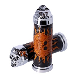 SKULL GRIPS CHROME/LEATHER 1" FOR CUSTOM MOTORCYCLE