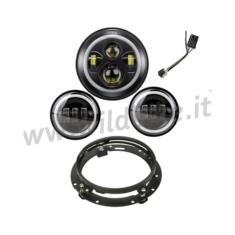 KIT SCHEINWERFER LED UND ZUSATZLEUCHTEN SCHWARZ ANGEL EYE HARLEY DAVIDSON FLH FLT TOURING 94-13