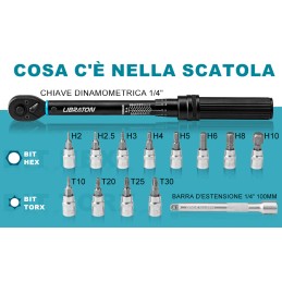 CHIAVE DINAMOMETRICA PROFESSIONALE IN KIT 1/4" 5-25 NM 12 BIT PER MOTO