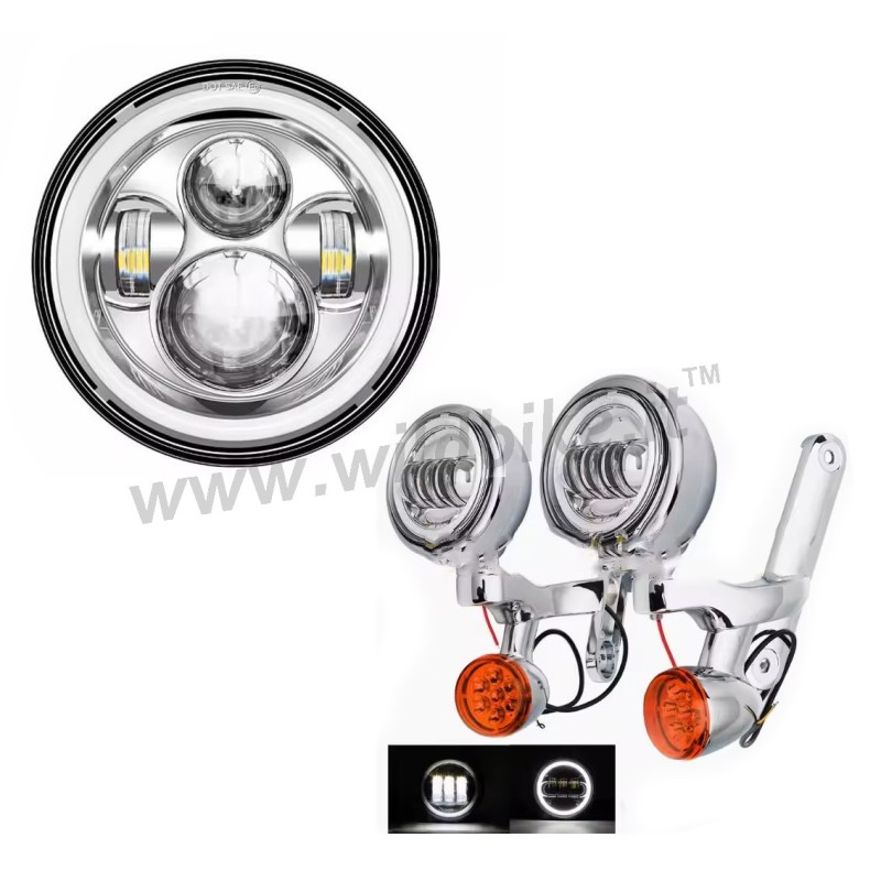ANGEL EYE LED CHROME HEADLIGHT AND AUXILIARY LIGHT KIT HARLEY DAVIDSON FLH TOURING 94-23