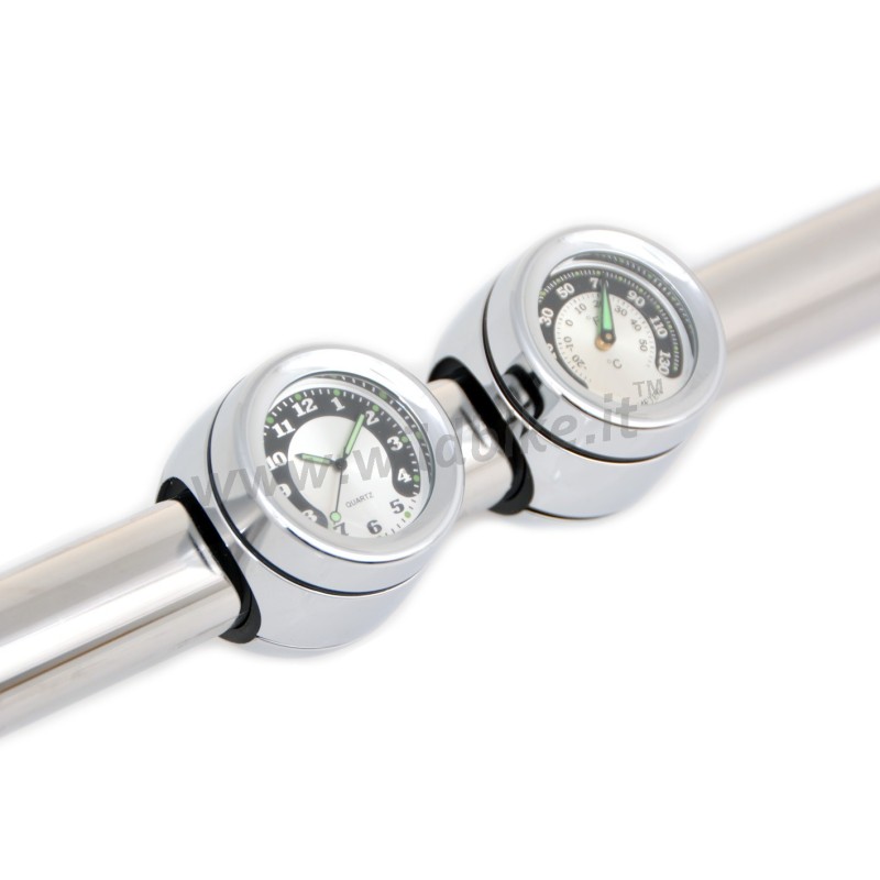 UNITECH H-M CHROME CLOCK AND THERMOMETER SET HANDLEBAR CUSTOM MOTORCYCLE AND HARLEY DAVIDSON