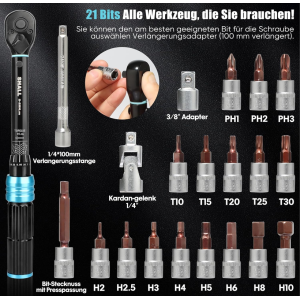 PROFESSIONAL TORQUE WRENCH KIT 1/4" 2-25 NM 21 BIT FOR MOTORCYCLE