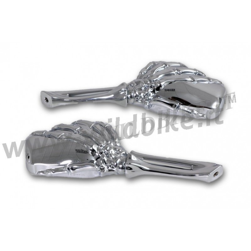 SPECCHIETTI CROMATI A MANO DI SCHELETRO  MOTO CUSTOM E HARLEY