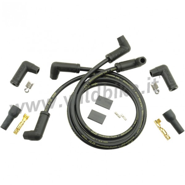 CAVI UNIVERSALI ACCEL A 90° NERI DA 8 MM.PER CANDELE MOTO CUSTOM E HARLEY DAVIDSON